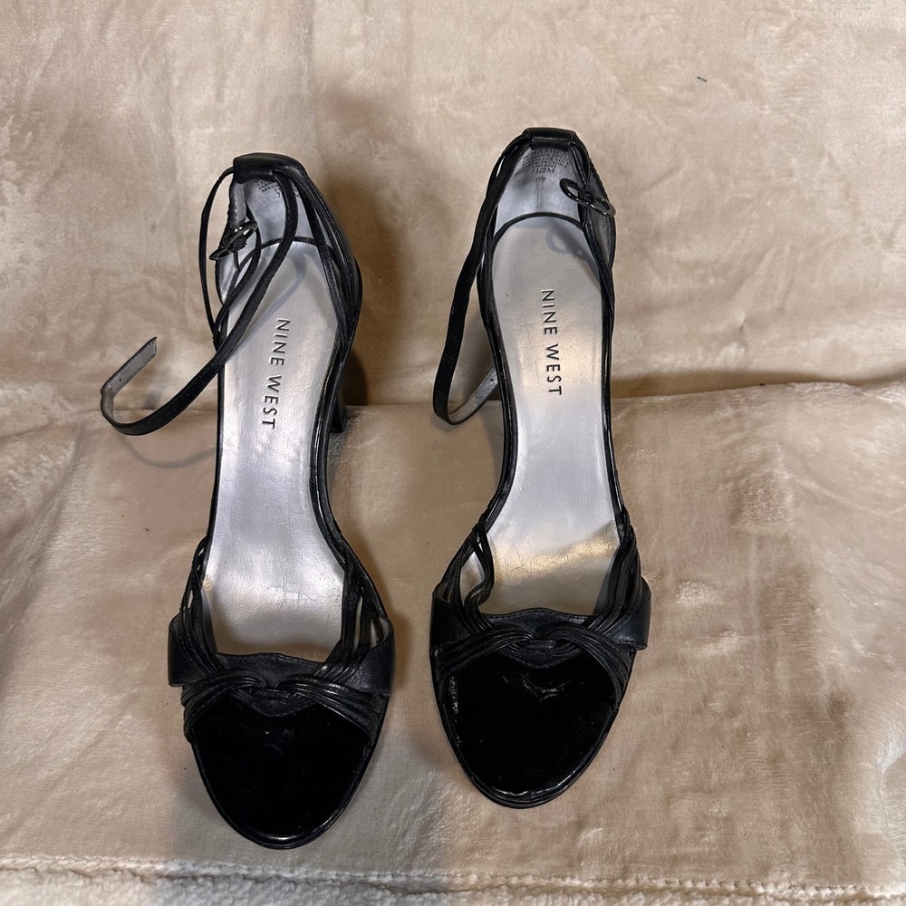 Nine West Black Leather Heels Ankle Strap Dress Sandals Evening Out Party